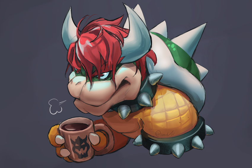 1boy, armlet, bowser, claws, cup, grey_background, hair_down, highres, holding, holding_cup, horns, male_focus, messy_hair, redhead, scarvii, simple_background, solo, spiked_armlet, spiked_shell, super_mario_bros., twitter_username, upper_body