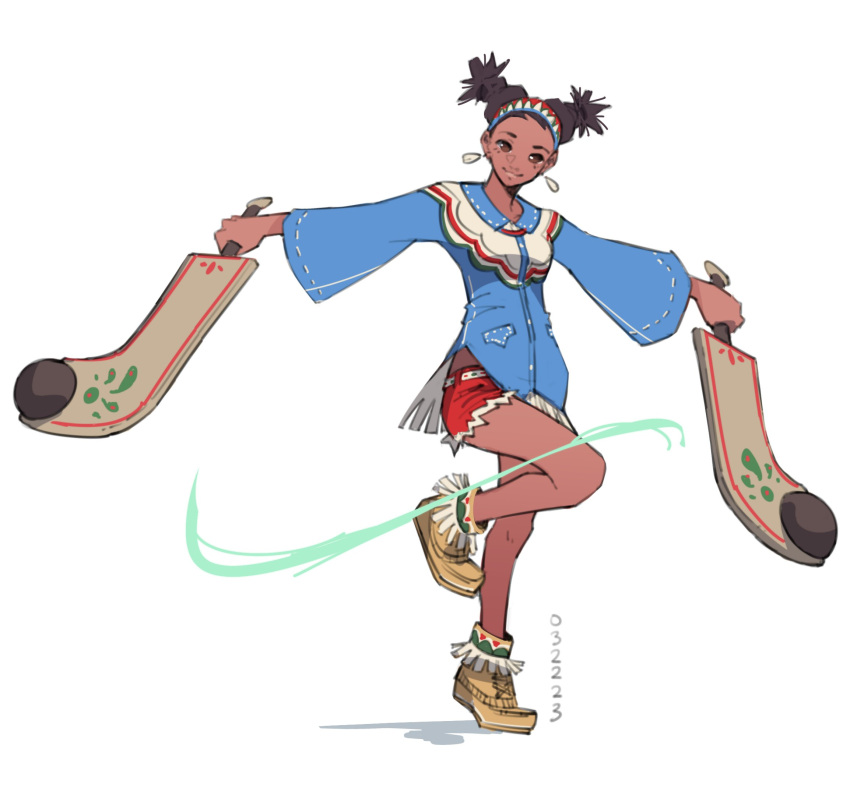 1girl, benalki, black_hair, blue_shirt, brown_eyes, club_(weapon), dark-skinned_female, dark_skin