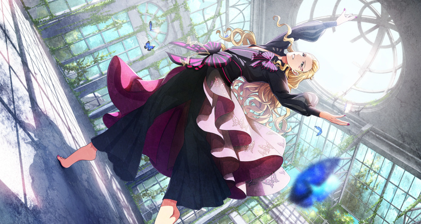 1boy, animal_print, arms_up, barefoot, blonde_hair, bug, butterfly, butterfly_print