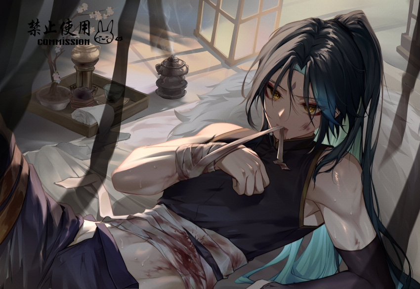 1boy, alternate_hairstyle, asymmetrical_gloves, bandaged_arm, bandaged_chest, bandaged_wrist, bandages, bed