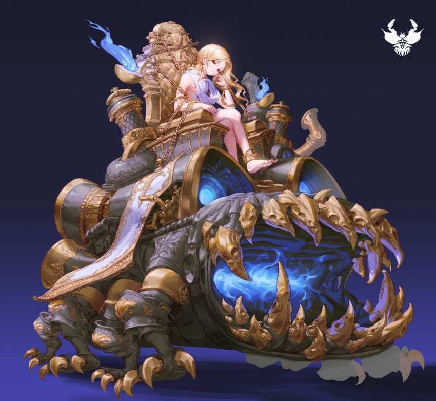 1boy, absurdres, androgynous, anklet, artist_logo, barefoot, blonde_hair, blue_fire