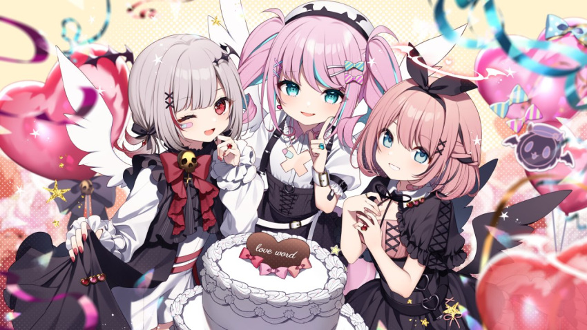 3girls, ai_kotoba_iv_(vocaloid), bandaged_horn, bat_hair_ornament, blue_eyes, cake, dress, dtto.