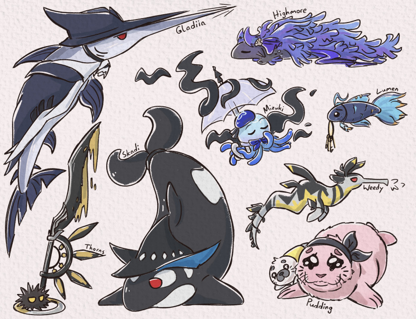 ahoge, animalization, aqua_headwear, arknights, ascot, black_coat, black_hairband, black_headwear, blue_neckerchief, character_name, closed_eyes, coat, fish, freckles, gamma_(gaemms_chamois), gladiia_(arknights), guppy_(fish), hairband, hat, highmore_(arknights), highres, jellyfish, keyring, lumen_(arknights), mizuki_(arknights), neckerchief, orca, pointy_hat, pudding_(arknights), red_eyes, sea_urchin, seahorse, seal_(animal), skadi_(arknights), stuffed_animal, stuffed_seal, stuffed_toy, sword, swordfish, tearing_up, thorns_(arknights), tricorne, umbrella, weapon, weedy_(arknights), whiskers, white_ascot, white_umbrella