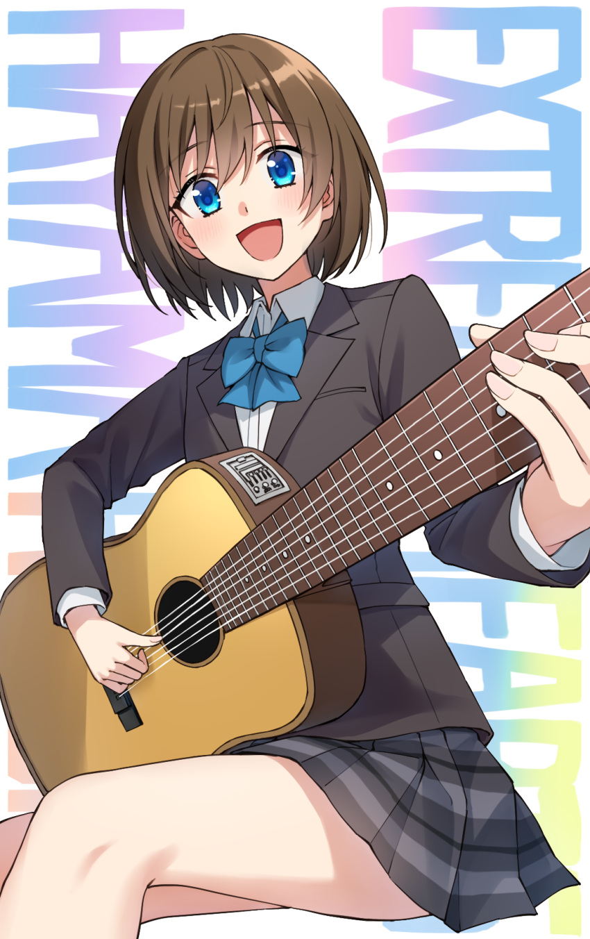 1girl, :d, black_jacket, blazer, blue_bow, blue_eyes, blush, bob_cut
