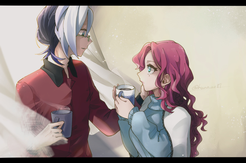 1boy, 1girl, black_hair, blue_eyes, blue_sweater, cape, collared_shirt, cup