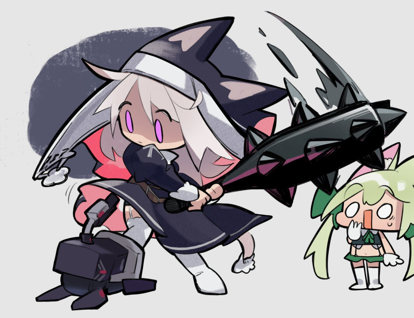 2girls, animal_ear_headwear, animal_ears, art556_(girls'_frontline), black_dress, chesed_(uporyz), chibi, club_(weapon)