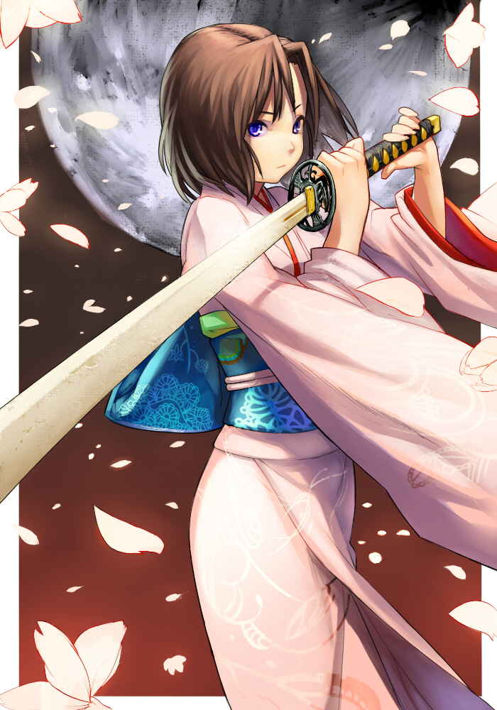 black_hair, cherry_blossoms, japanese_clothes, kara_no_kyoukai, katana, kimono, petals, ryougi_shiki