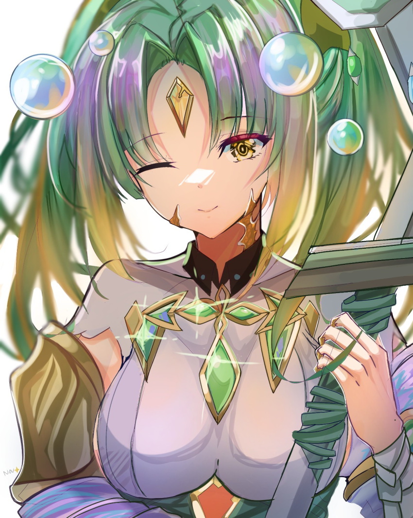 1girl, blonde_hair, breasts, bubble, chest_jewel, closed_mouth, commentary, dress, english_commentary, fire_emblem, fire_emblem_heroes, forehead, forehead_jewel, gradient_hair, green_hair, heidr_(fire_emblem), highres, holding, holding_weapon, large_breasts, long_hair, looking_at_viewer, multicolored_hair, novembertimex, one_eye_closed, parted_bangs, simple_background, smile, solo, twintails, two-tone_hair, weapon, white_background, white_dress, yellow_eyes