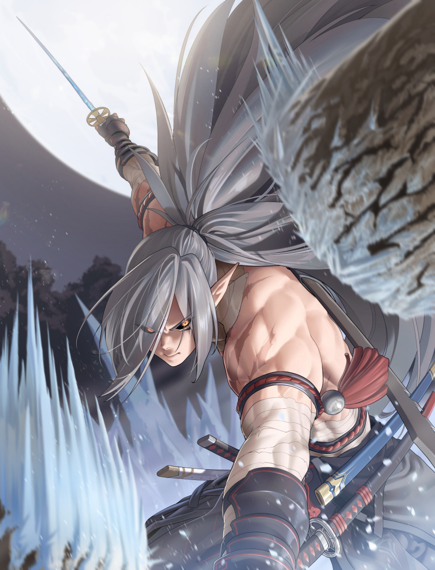 1boy, absurdres, black_gloves, black_pants, character_request, closed_mouth, epic_seven, eyes_visible_through_hair, fighting_stance, forehead, full_moon, gloves, grey_hair, highres, holding, holding_sword, holding_weapon, ice, katana, light_particles, long_hair, long_pointy_ears, looking_at_viewer, manda_(luts7602), moon, multiple_weapons, muscular, muscular_male, night, night_sky, outdoors, outstretched_arms, pants, pointy_ears, scar, scar_on_arm, serious, sky, slicing, solo, spread_legs, standing, sword, topless_male, v-shaped_eyebrows, weapon