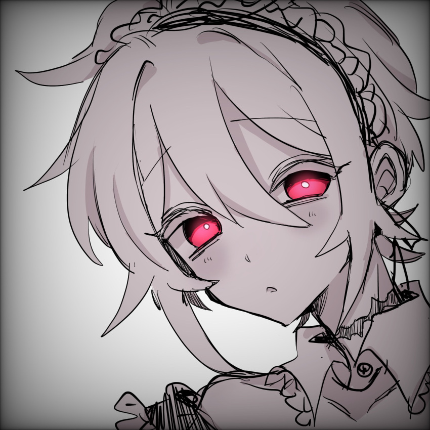 1boy, aida_yuuya, androgynous, blush, collared_shirt, crossdressing, greyscale, headband
