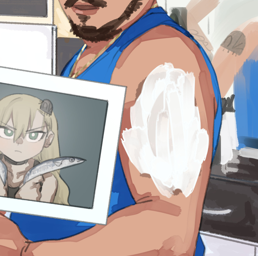 1boy, 1girl, alternate_costume, animal, beard, black_choker, black_tank_top, blonde_hair