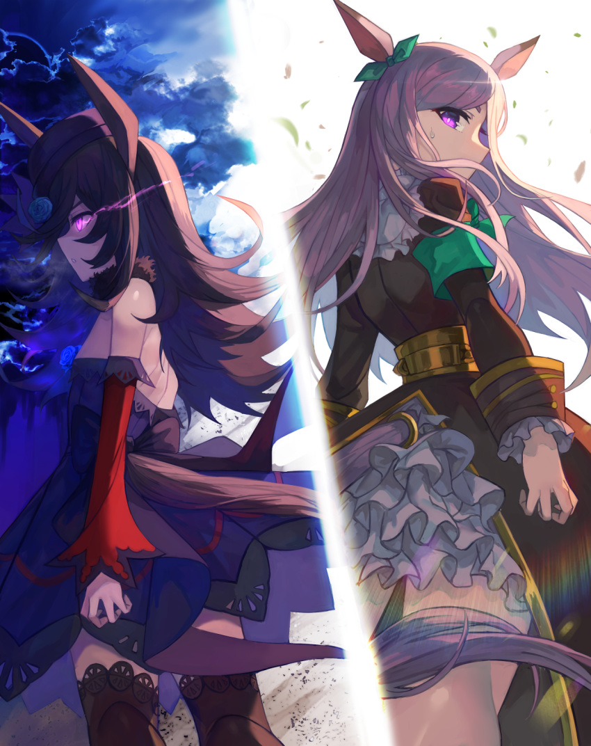 2girls, animal_ears, armband, backless_dress, backless_outfit, backlighting, black_dress, black_hair, black_thighhighs, blue_dress, blue_headwear, clouds, cloudy_sky, commentary, dark, dawito, dress, ear_ribbon, from_side, frown, fur_collar, glowing, glowing_eyes, grey_hair, hat, highres, horse_ears, horse_girl, horse_tail, lace-up_thighhighs, light, long_hair, long_sleeves, looking_at_another, looking_back, looking_to_the_side, medium_dress, mejiro_mcqueen_(umamusume), multiple_girls, off-shoulder_dress, off_shoulder, opposing_sides, rice_shower_(umamusume), short_dress, sky, standing, sweatdrop, swept_bangs, tail, thigh-highs, umamusume, violet_eyes