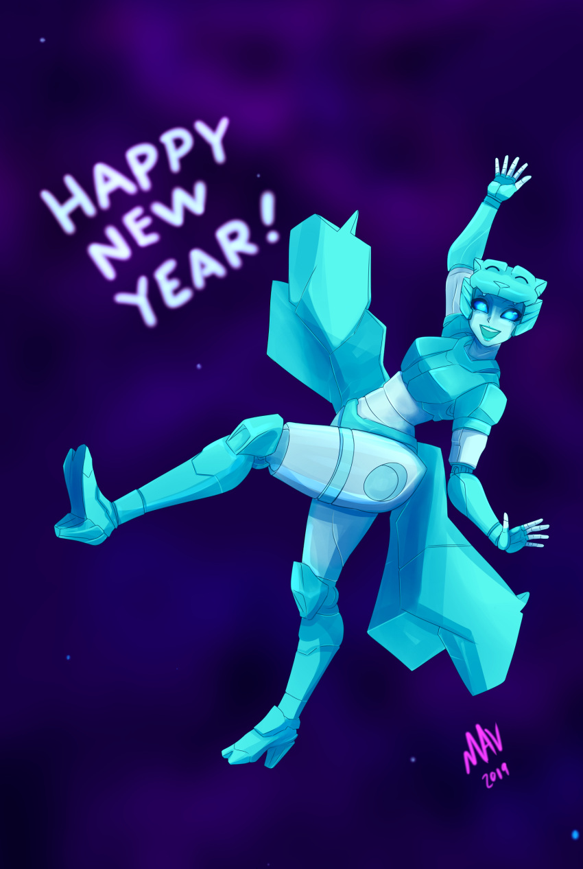 1girl, alien, armor, blue_eyes, breasts, colored_skin, green_panties, happy_new_year