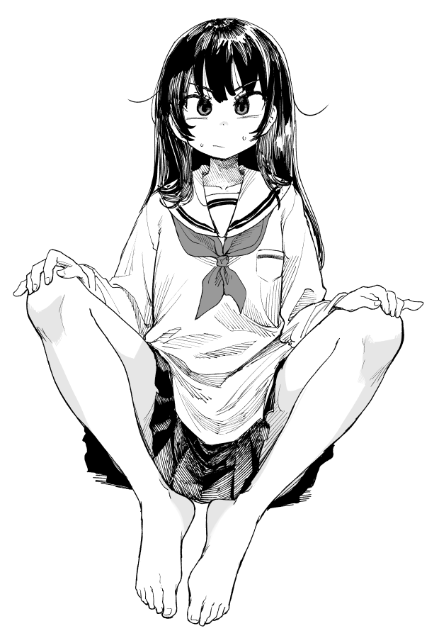 1girl, barefoot, closed_mouth, commentary_request, full_body, greyscale, hands_on_own_knees, knees_apart_feet_together, knees_up, long_hair, long_sleeves, looking_at_viewer, monochrome, neckerchief, original, pleated_skirt, sailor_collar, school_uniform, serafuku, shirt, simple_background, sitting, skirt, solo, sweat, tosazun, v-shaped_eyebrows, white_background