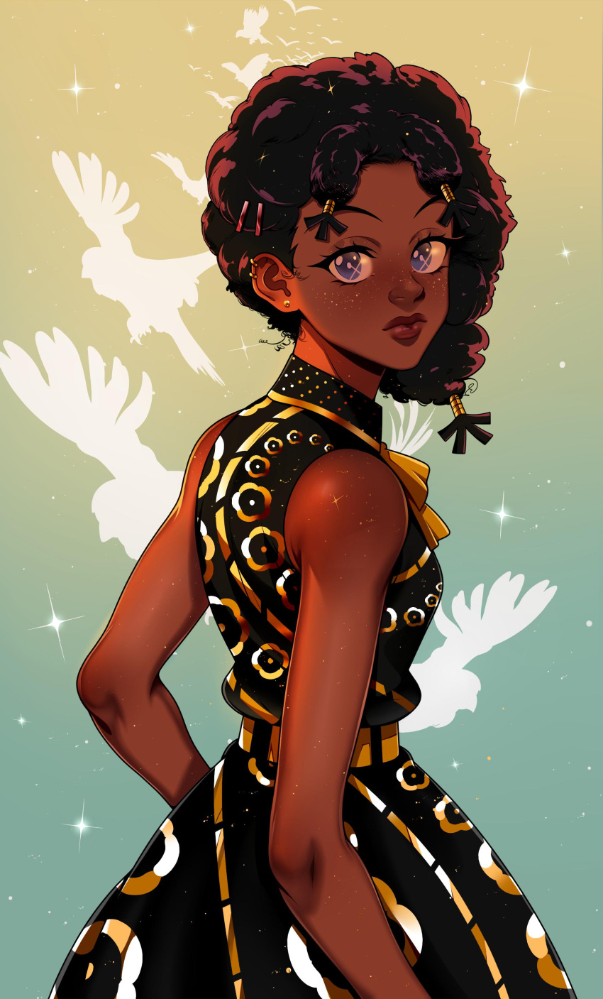 1girl, absurdres, bird, blue_eyes, breasts, canary_(hunter_x_hunter), commentary, dark-skinned_female