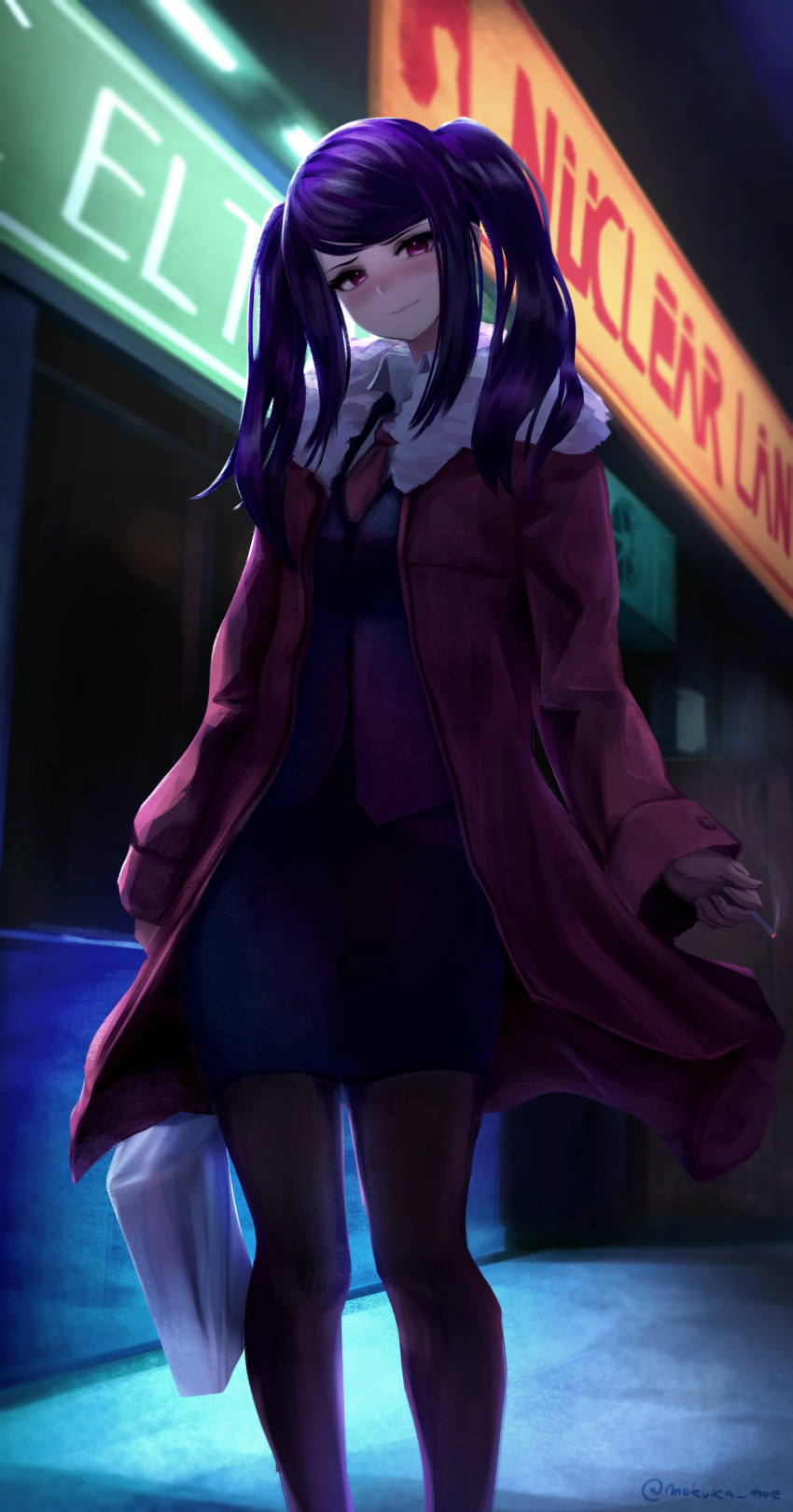 1girl, absurdres, bag, black_hair, blush, cigarette, closed_mouth, coat