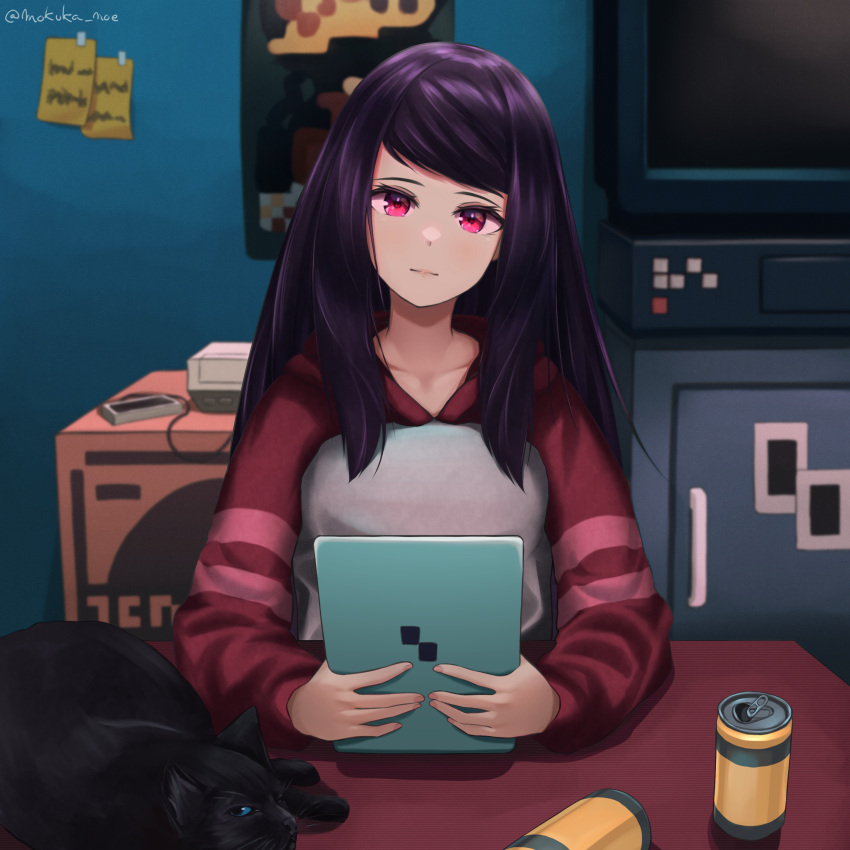 1girl, absurdres, animal, black_cat, black_hair, can, cat, closed_mouth