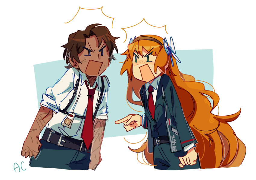 1boy, 1girl, animatingcat, belt, black_belt, blue_jacket, blue_pants, blue_vest