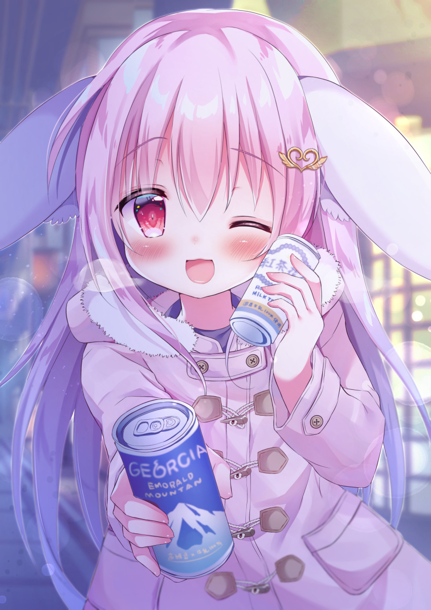 1girl, ;d, animal_ears, black_shirt, can, canned_coffee, coat, day