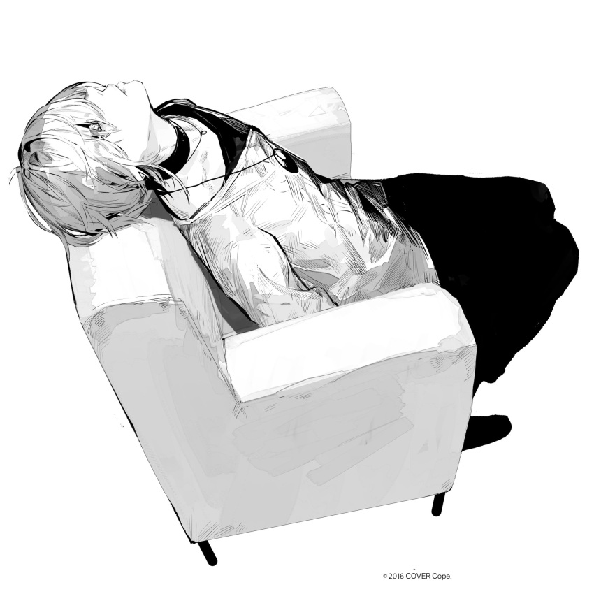 1boy, armchair, chair, choker, closed_mouth, copyright, from_side, full_body