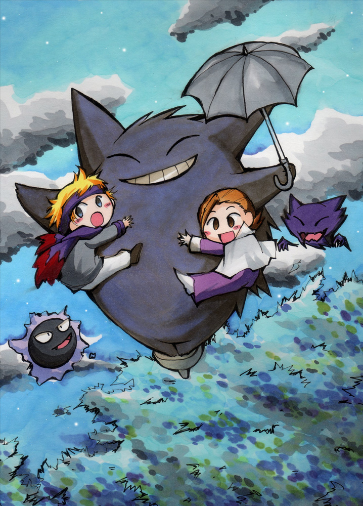 flying, gastly, gengar, haunter, matsuba_(pokemon), minaki_(pokemon), parody, pokemon