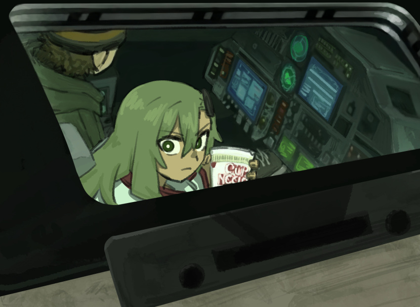1boy, 1girl, asymmetrical_bangs, beanie, blonde_hair, bright_pupils, brown_hair, closed_mouth, cockpit, cosplay, cup_noodle, derivative_work, facing_away, food, freedom_(ova), green_eyes, green_jacket, hair_ornament, hand_up, hat, highres, holding, holding_food, jacket, light_frown, long_hair, looking_at_viewer, looking_back, looking_outside, matangom, matangomu-chan, medium_hair, nissin, original, parody, product_placement, ramen, scene_reference, serious, spacecraft, takeru_(freedom), takeru_(freedom)_(cosplay), v-shaped_eyebrows, white_jacket, white_pupils