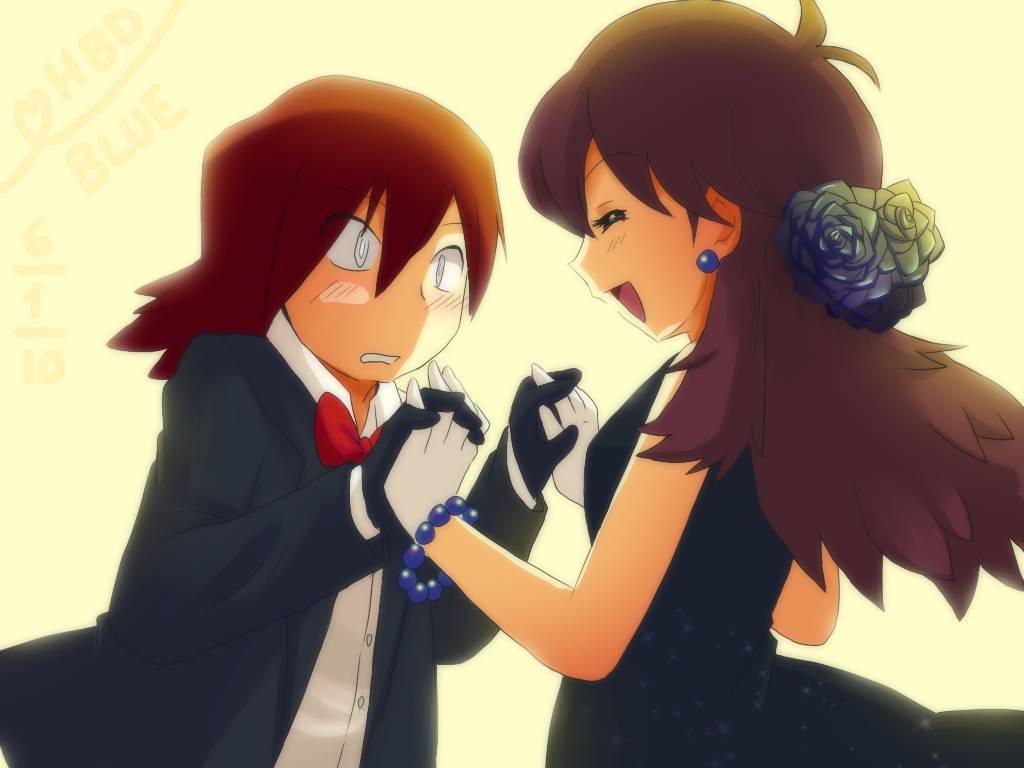 1girl, alternate_costume, aonik, black_dress, blue_(pokemon), blush, bowtie, bracelet
