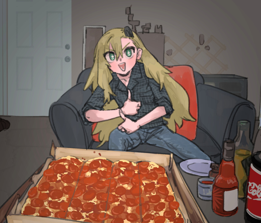 1girl, alternate_costume, asymmetrical_bangs, blonde_hair, bright_pupils, denim, door, double_thumbs_up, excited, food, green_eyes, grey_shirt, highres, indoors, insect_hair_ornament, jeans, light_blush, long_hair, looking_at_viewer, matangom, matangomu-chan, on_chair, open_mouth, original, pants, parody, photo-referenced, pillbug, pillow, pizza, plaid, plaid_shirt, shirt, sitting, sleeves_rolled_up, smile, soda_bottle, solo, sparkling_eyes, table, thumbs_up, v-shaped_eyebrows, white_pupils