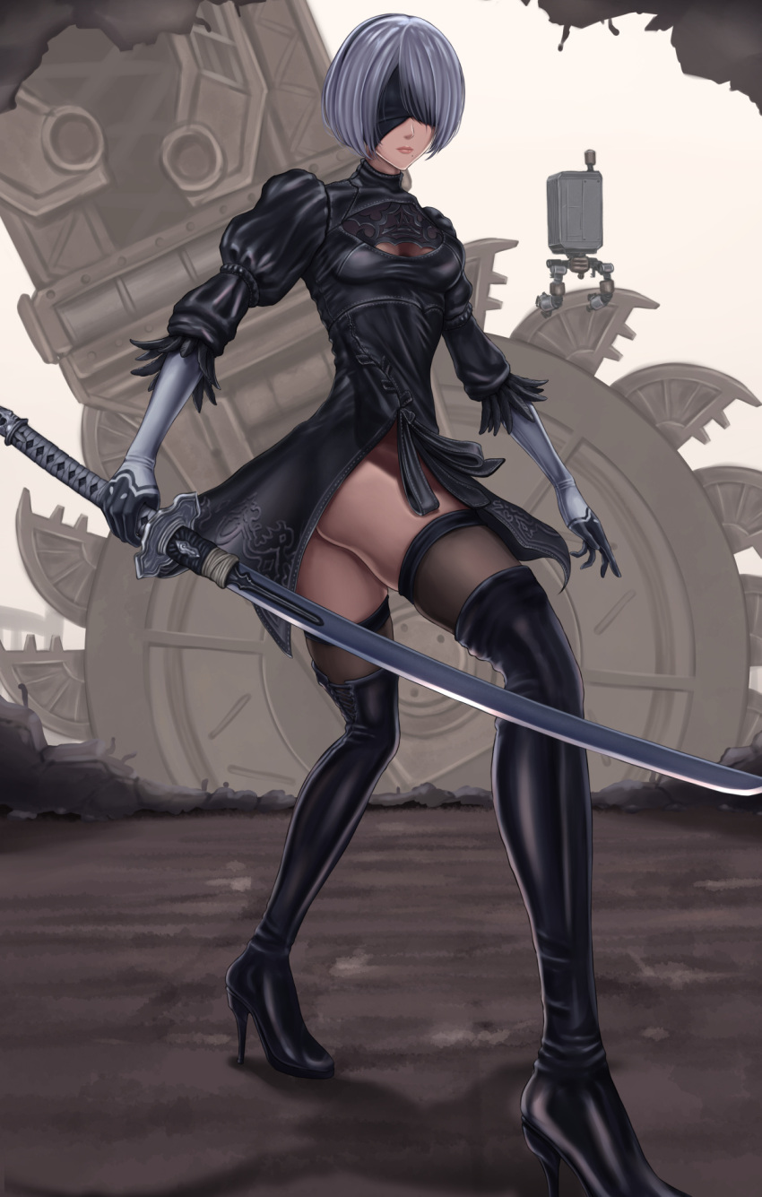 1girl, black_blindfold, blindfold, boots, cleavage_cutout, clothing_cutout, covered_eyes, feather-trimmed_sleeves
