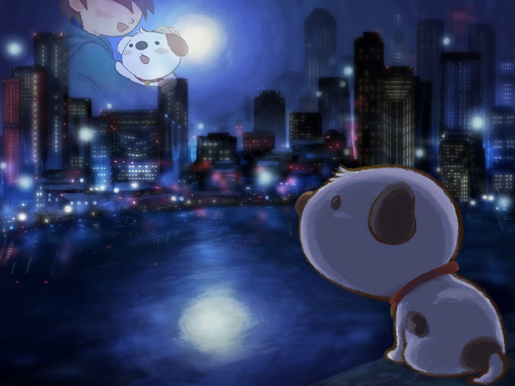 boy, character_request, city, dog, little_charo, male, moon, night, projected_inset, sad, shota_(little_charo), sumi_no_hito