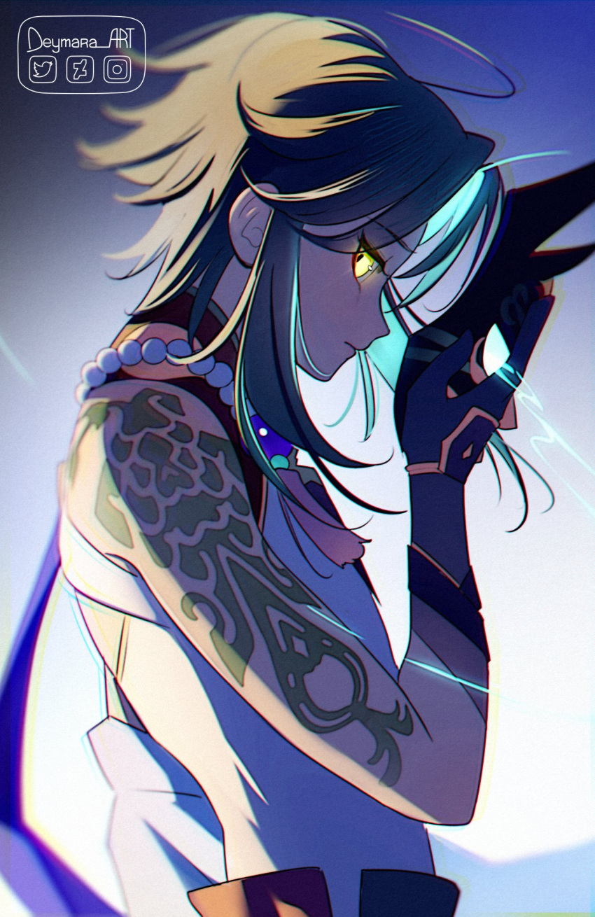 1boy, arm_tattoo, bead_necklace, beads, deymara, diamond-shaped_pupils, diamond_(shape), eyeshadow