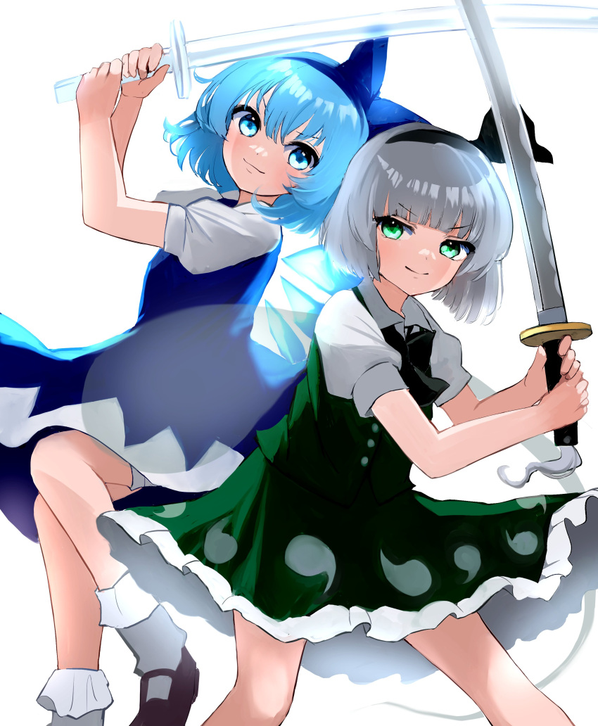 2girls, absurdres, black_bow, black_bowtie, black_footwear, black_hairband, blue_dress, blue_hair