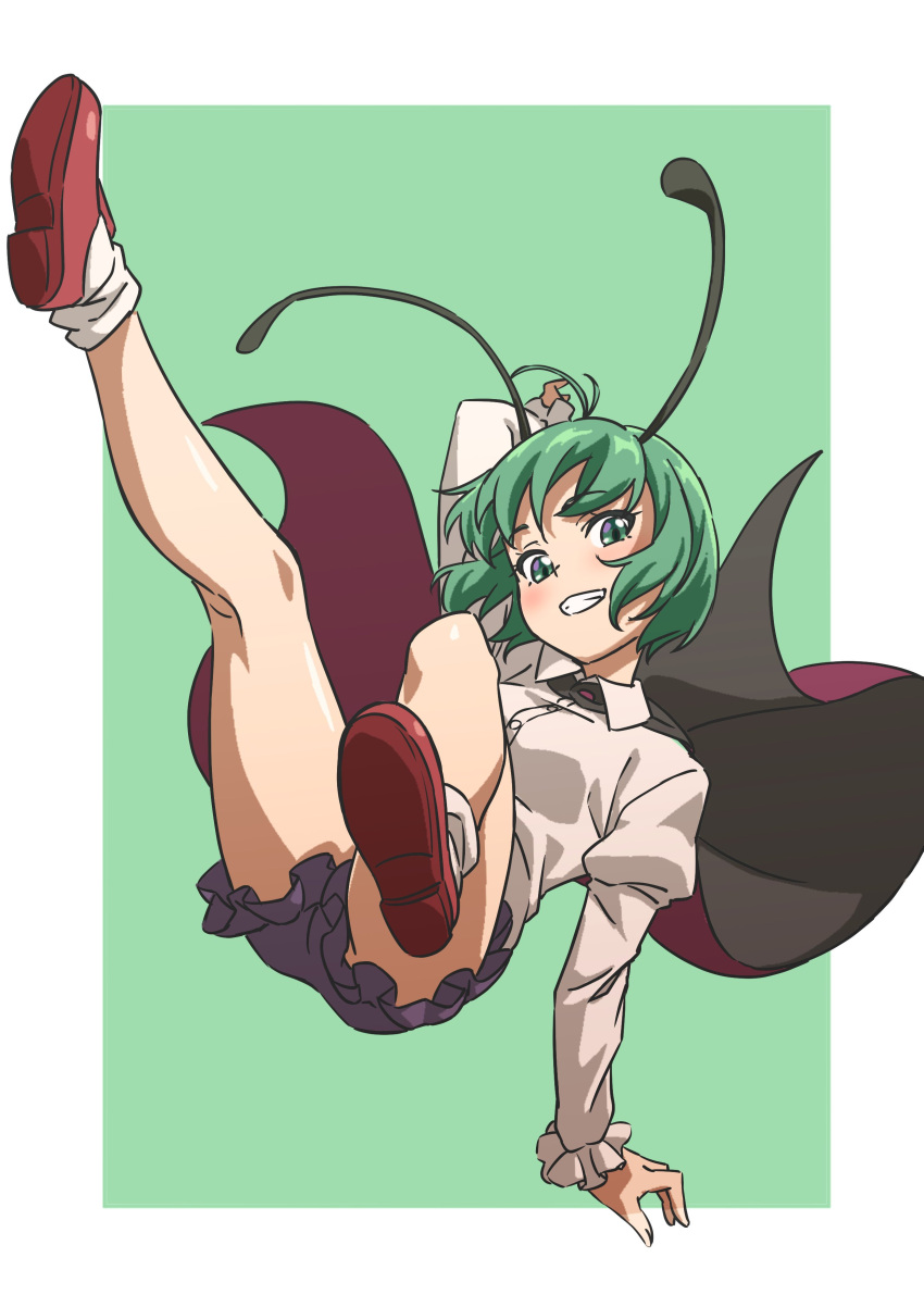 1girl, absurdres, antennae, black_cape, blue_shorts, border, cape, collared_shirt, commentary, full_body, green_background, green_eyes, green_hair, gyouza_(mhea5724), handstand, highres, juliet_sleeves, legs, long_sleeves, looking_at_viewer, one_arm_handstand, puffy_sleeves, red_footwear, shirt, short_hair, shorts, simple_background, smile, socks, solo, teeth, touhou, white_border, white_socks, wriggle_nightbug