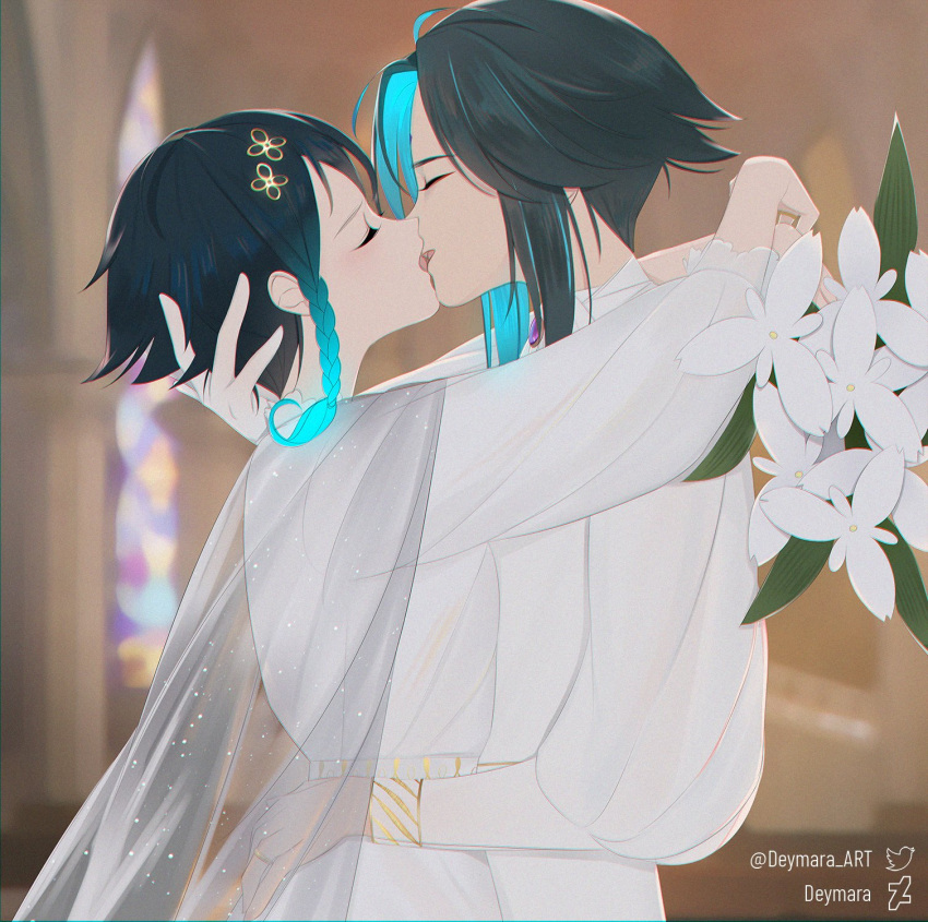 2boys, androgynous, aqua_hair, black_hair, braid, cecilia_flower_(genshin_impact), deymara, french_kiss, frilled_sleeves, frills, genshin_impact, gradient_hair, green_hair, highres, hug, kiss, long_sleeves, male_focus, multicolored_hair, multiple_boys, shirt, short_hair_with_long_locks, side_braids, twin_braids, venti_(genshin_impact), white_shirt, xiao_(genshin_impact), yaoi