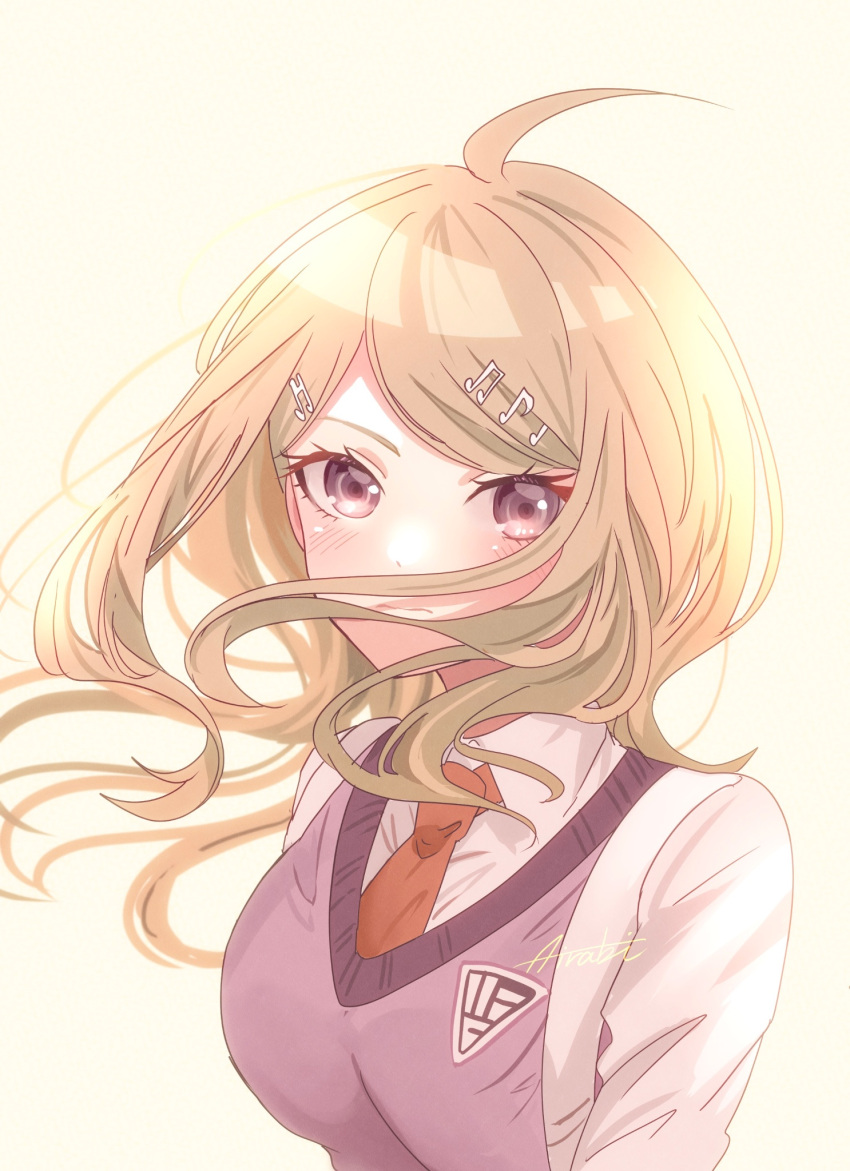 1girl, ahoge, airabi, akamatsu_kaede, blonde_hair, blush, breasts, collared_shirt