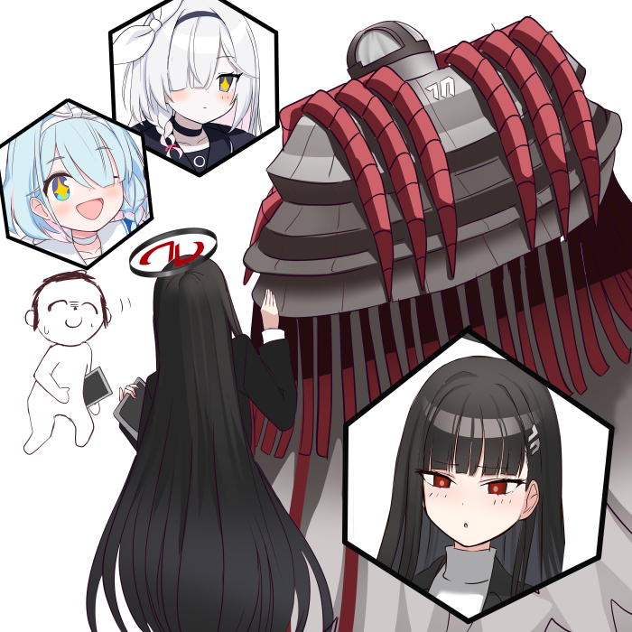 +_+, 1boy, 3girls, a.r.o.n.a_(blue_archive), aqua_hair, arona's_sensei_doodle_(blue_archive), arona_(blue_archive), black_choker