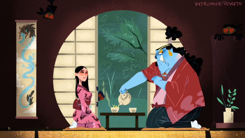 1boy, 1girl, 3others, annoyed, black_hair, blue_skin, chest_tattoo, closed_eyes, closed_mouth, colored_skin, cup, day, fangs, fangs_out, fish_boy, flower_pot, from_side, full_body, hakama, heart, heart-shaped_eyes, height_difference, hiding, highres, holding, holding_teapot, indoors, japanese_clothes, jinbe_(one_piece), kimono, long_hair, looking_at_another, mask, mouth_mask, multiple_others, nico_robin, ninja, ninja_mask, one_piece, patreon_username, peeking_out, plant, pouring, revujo, scar, scar_across_eye, seiza, sitting, smile, tattoo, tea, teacup, teapot, topknot, v-shaped_eyebrows