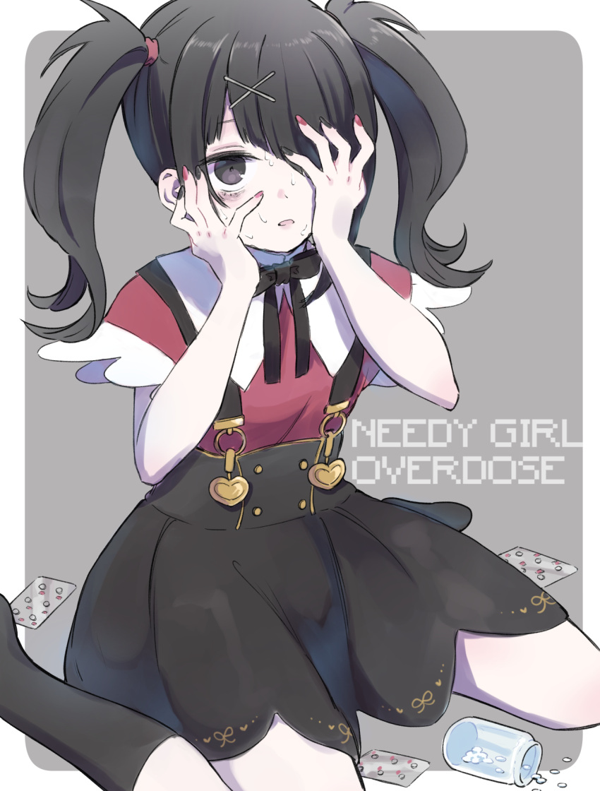 1girl, ame-chan_(needy_girl_overdose), bags_under_eyes, black_eyes, black_hair, black_nails, black_ribbon, black_skirt