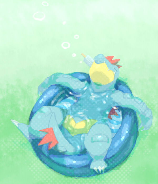 closed_eyes, feraligatr, lying, no_humans, pokemon, pokemon_(creature), pokemon_(game), pokemon_gsc