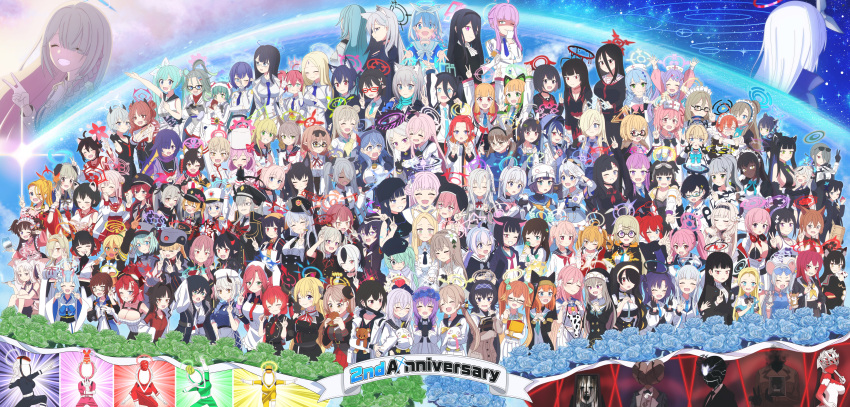 <key>_(blue_archive), 6+girls, :d, a.r.o.n.a_(blue_archive), absurdly_long_hair, absurdres, ahoge, airi_(blue_archive)