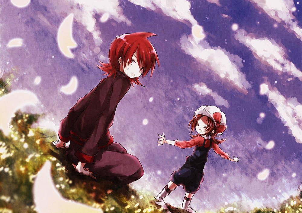 1girl, alternate_costume, brown_hair, couple, hat, kotone_(pokemon), kurohino, petals