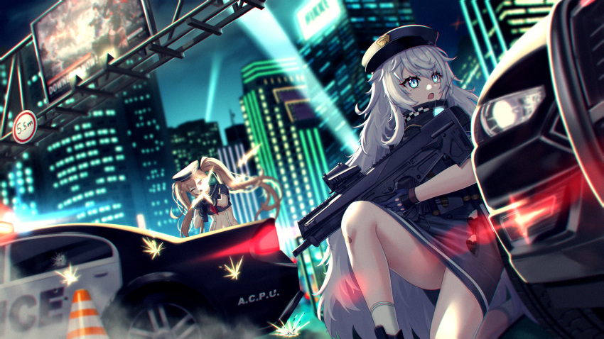 2girls, ammunition_belt, armband, belt, black_gloves, black_headwear, black_shirt, black_skirt