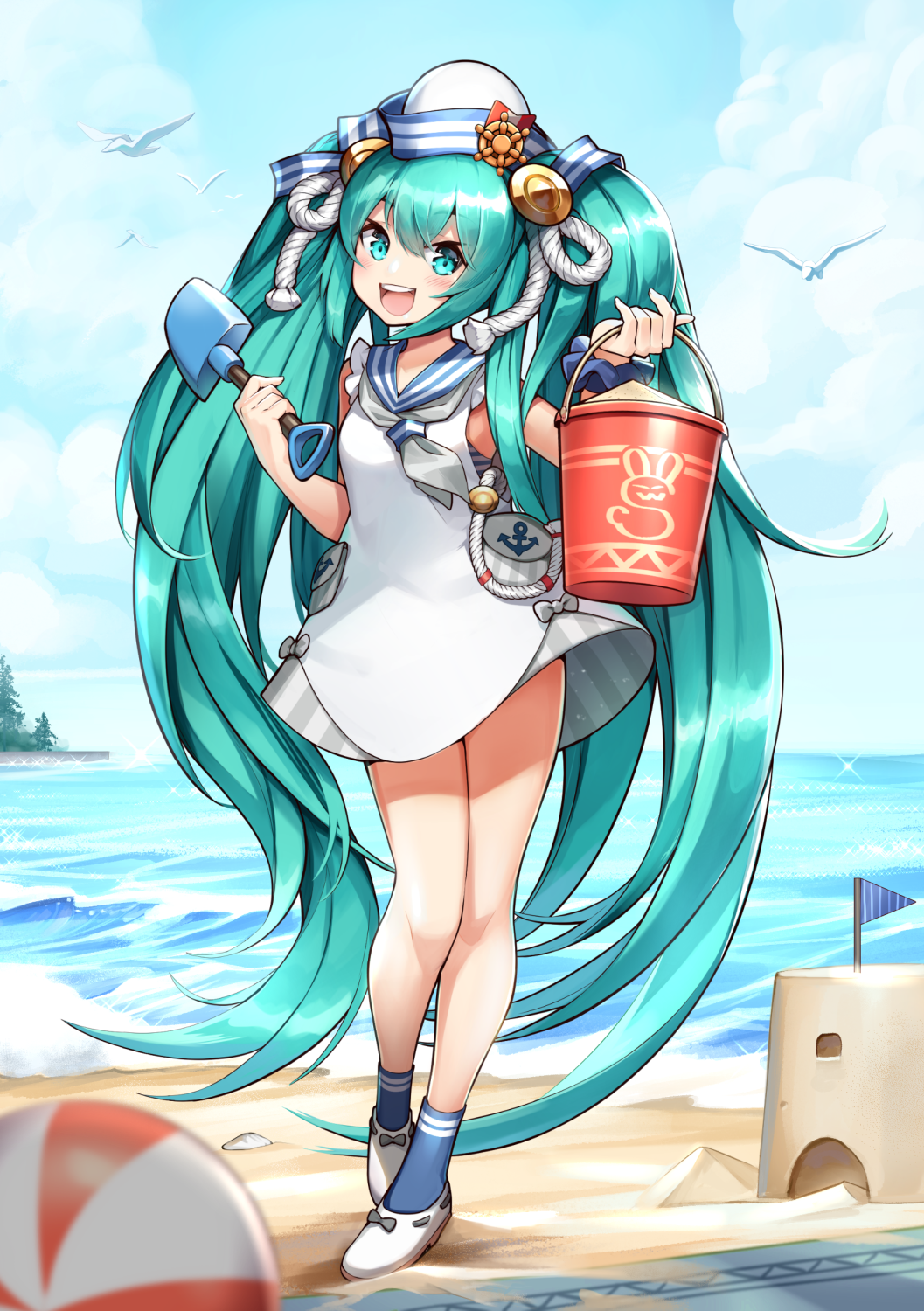 1girl, anchor_print, animal_print, ball, beach, beachball, bird, blue_socks