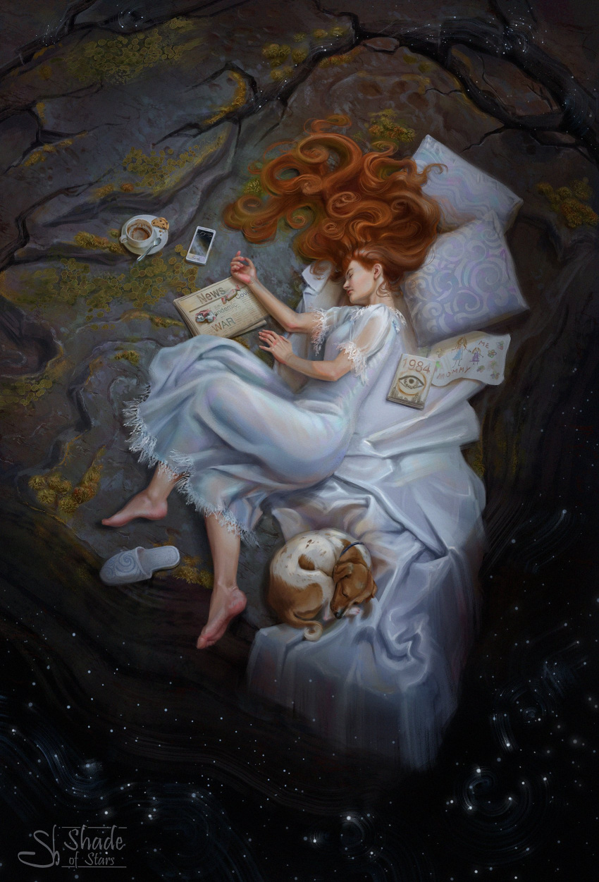 1984_(novel), 1girl, absurdres, animal, artist_name, barefoot, book, coffee_cup