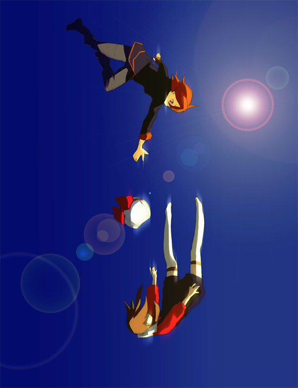 falling, hat, kotone_(pokemon), morphine_(pixiv), motion_blur, pokemon, pokemon_(game), pokemon_gsc, silver_(pokemon), silver_(pokemon)_(remake), sky, sun, thighhighs