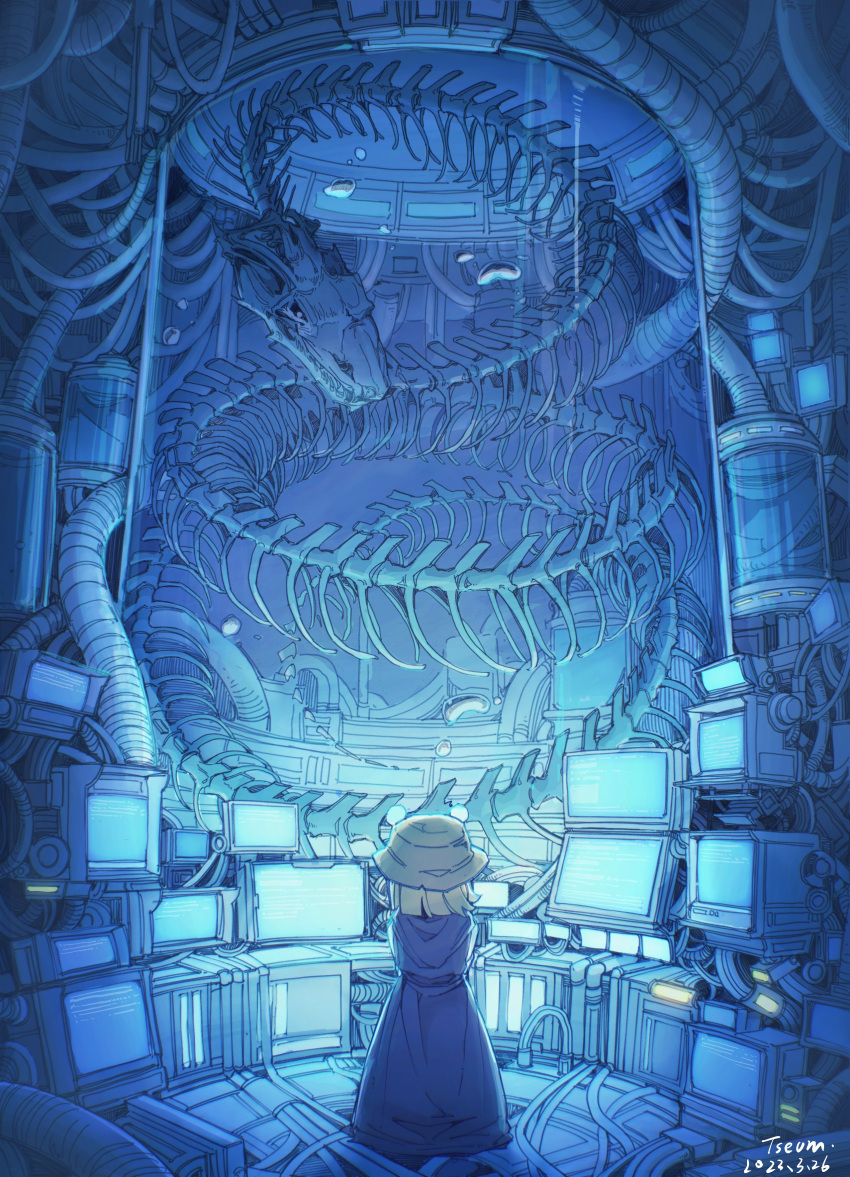 1girl, absurdres, air_bubble, animal_skeleton, artist_name, blonde_hair, brown_headwear, bubble