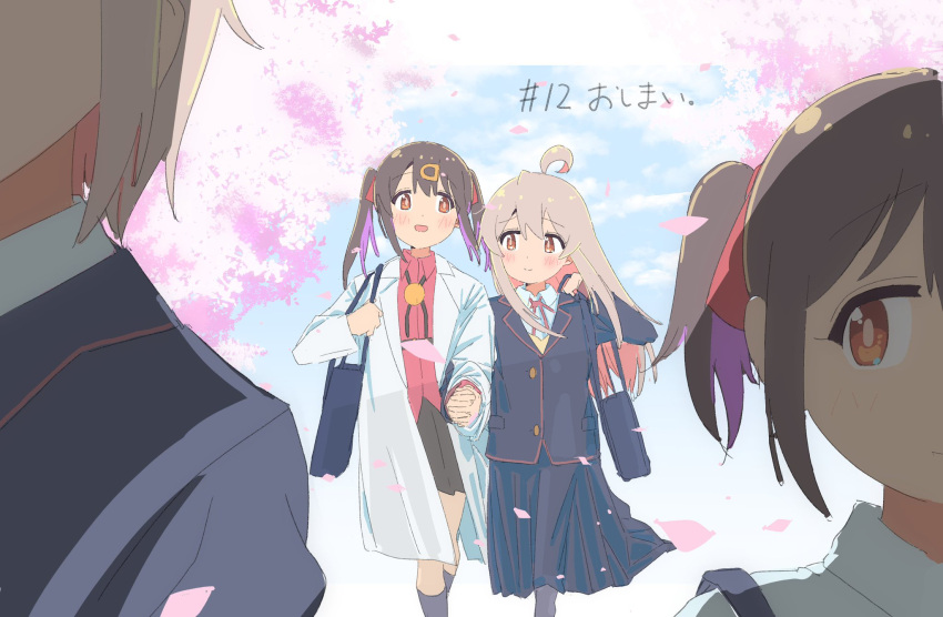 2girls, ahoge, bag, black_hair, blue_sky, cherry_blossoms, clouds, genderswap