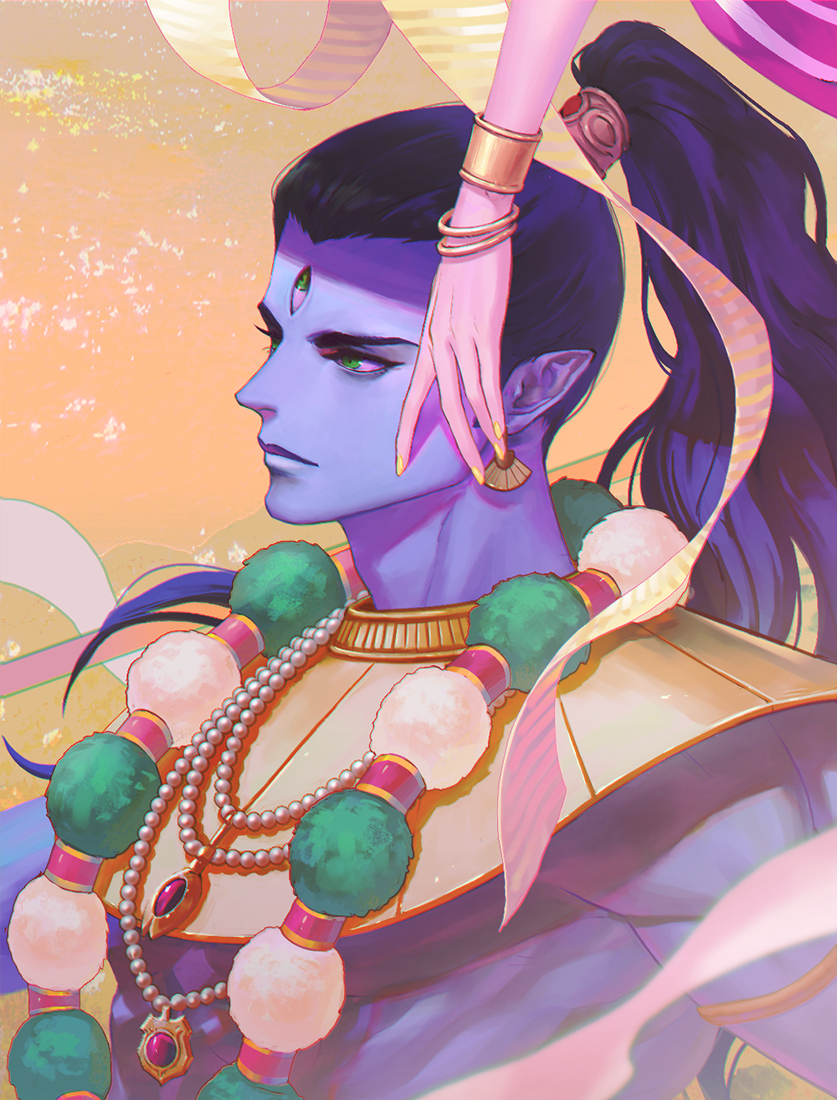 1boy, armlet, bead_necklace, beads, blue_skin, bracelet, colored_skin, cropped_arms