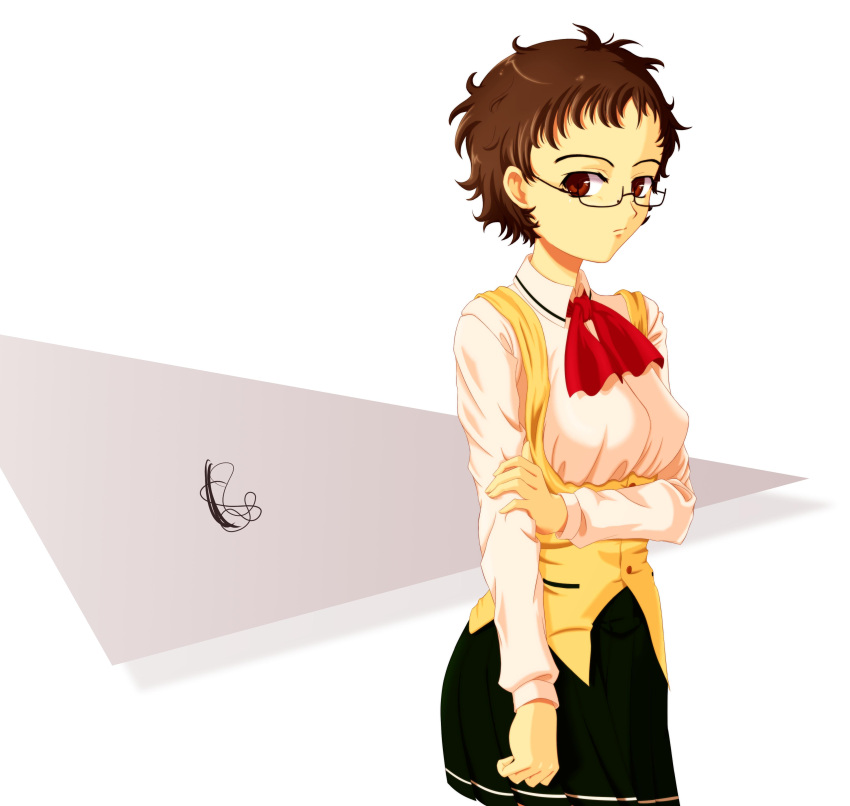1girl, absurdres, black_skirt, boker_iruka, brown_eyes, brown_hair, collared_shirt, commentary_request, cowboy_shot, expressionless, glasses, hand_on_own_arm, highres, looking_at_viewer, meguro_miyuki, neck_ribbon, pleated_skirt, red_ribbon, ribbon, sayonara_wo_oshiete, school_uniform, shirt, skirt, solo, triangle, two-tone_background, vest, white_shirt