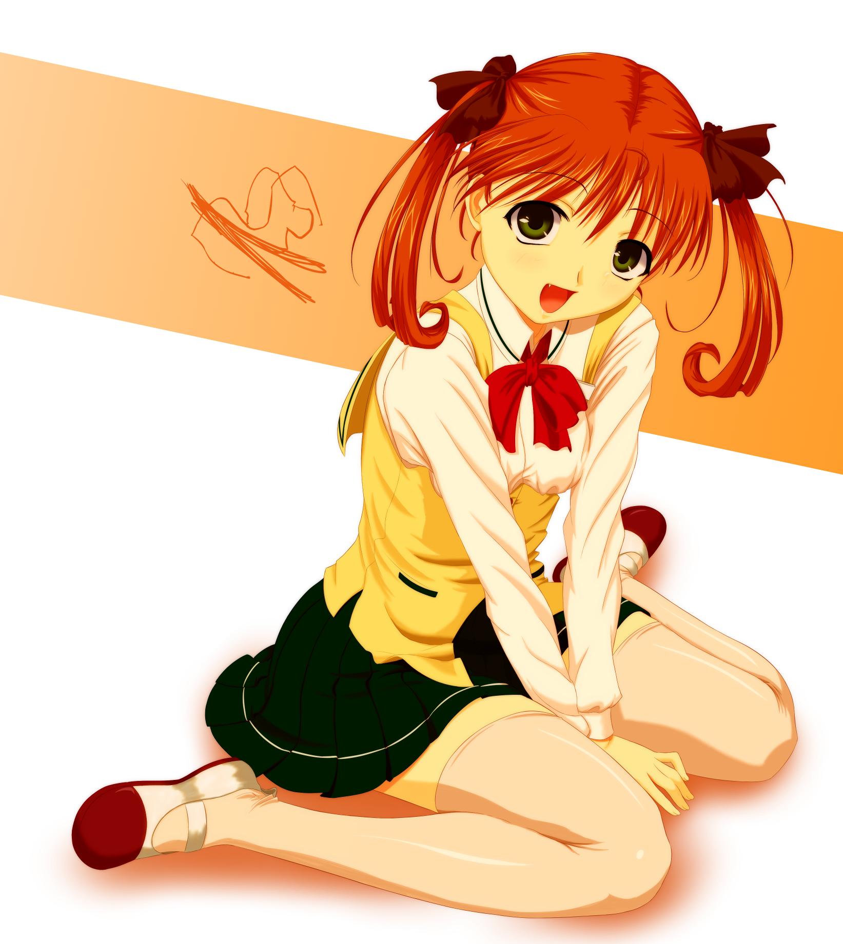 1girl, between_legs, black_skirt, blush, boker_iruka, brown_hair, collared_shirt, commentary_request, full_body, green_eyes, hair_ribbon, hand_between_legs, highres, looking_at_viewer, medium_hair, neck_ribbon, open_mouth, pleated_skirt, red_ribbon, ribbon, sayonara_wo_oshiete, school_uniform, shirt, shoes, sitting, skirt, smile, solo, tamachi_mahiru, thigh-highs, twintails, two-tone_background, uwabaki, v_arms, vest, wariza, white_shirt, zettai_ryouiki